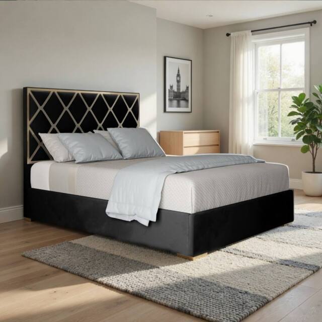 Casani Sudborough Upholstered Soft Velvet Black Metal Designer Bed Frame - Size: Single - image 1