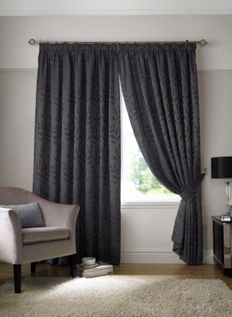 Alan Symonds Tivoli Leaf Lined Pencil Pleat Curtains in Charcoal - Size: 168 cm width x 229 cm drop