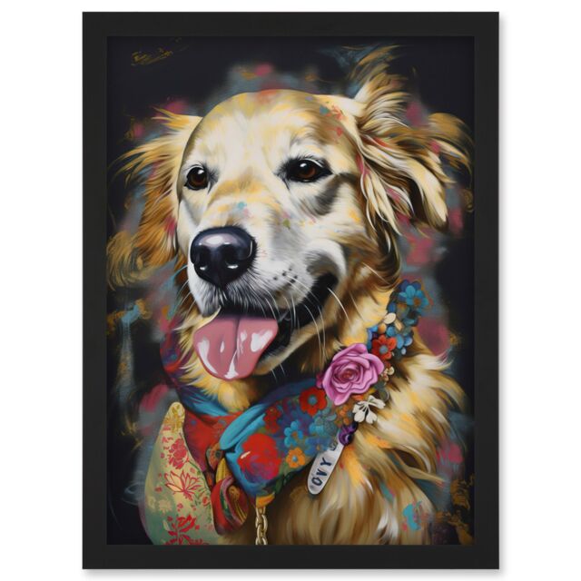 Artery8 Golden Retriever Dog with Floral Bandana Collar Artwork Framed Wall Art Print A4 in Black - image 1