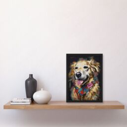 Artery8 Golden Retriever Dog with Floral Bandana Collar Artwork Framed Wall Art Print A4 in Black - thumbnail 2