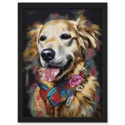 Artery8 Golden Retriever Dog with Floral Bandana Collar Artwork Framed Wall Art Print A4 in Black - thumbnail 1