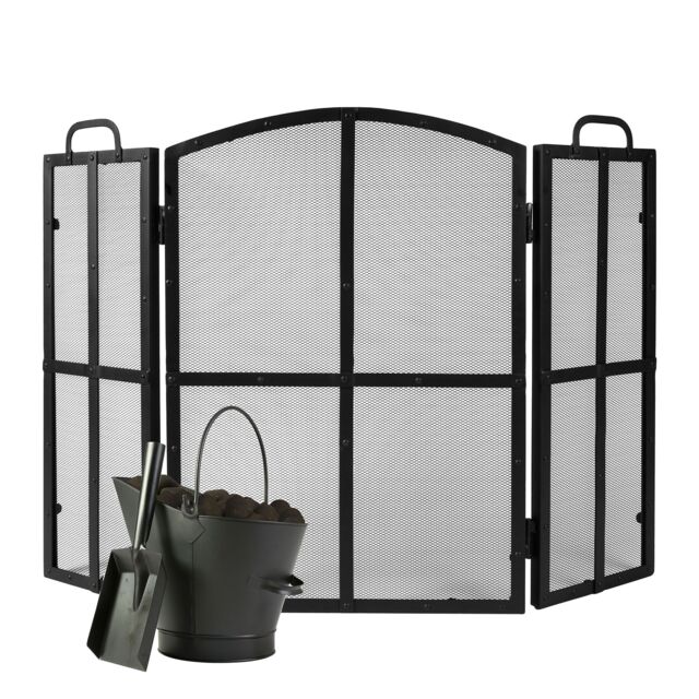 Dibor Vintage Style Blacksmith 3-Fold Fire Screen Fire Guard H71cm x W102cm with Fireplace Coal Bucket with Shovel in Black - image 1