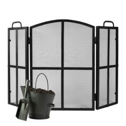 Dibor Vintage Style Blacksmith 3-Fold Fire Screen Fire Guard H71cm x W102cm with Fireplace Coal Bucket with Shovel in Black - thumbnail 1