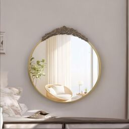 FURNOS 80CM Round Embossed Retro Wall Gold Mirror For Bedroom Living Room - thumbnail 1