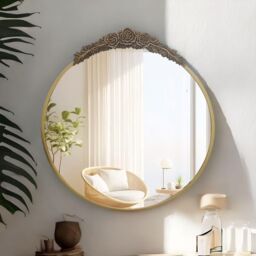 FURNOS 80CM Round Embossed Retro Wall Gold Mirror For Bedroom Living Room - thumbnail 2