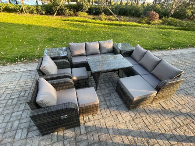 Fimous 11 Seater Rattan Outdoor Garden Furniture Sofa Set Patio Table & Chairs Set with 3 Seater Sofa Rectangular Dining Table 3 Footstool - image 1