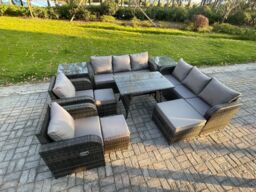 Fimous 11 Seater Rattan Outdoor Garden Furniture Sofa Set Patio Table & Chairs Set with 3 Seater Sofa Rectangular Dining Table 3 Footstool - thumbnail 1