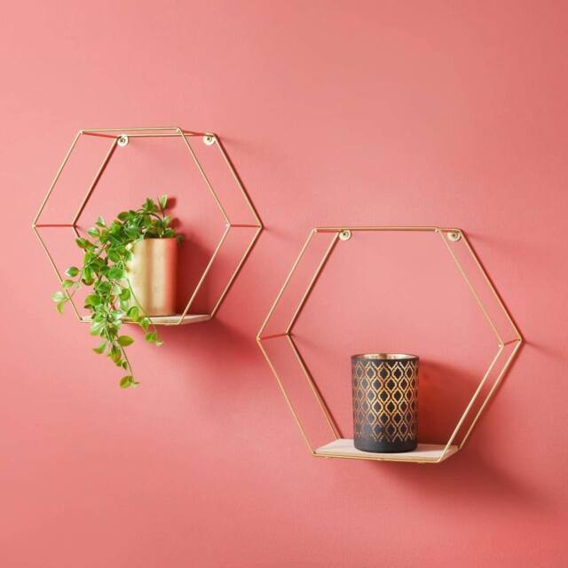 SPOT ON DEALZ Set of 2 Gold Hexagon Wall Shelves Metal Wire Floating Display Unit - image 1
