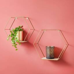 SPOT ON DEALZ Set of 2 Gold Hexagon Wall Shelves Metal Wire Floating Display Unit