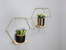 SPOT ON DEALZ Set of 2 Gold Hexagon Wall Shelves Metal Wire Floating Display Unit - thumbnail 2