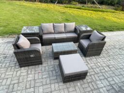 Fimous Outdoor Rattan Garden Furniture Set Patio Lounge Sofa Set with Reclining Chair Rectangular Coffee Table 2 Side Tables in Dark Grey - thumbnail 2