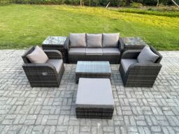 Fimous Outdoor Rattan Garden Furniture Set Patio Lounge Sofa Set with Reclining Chair Rectangular Coffee Table 2 Side Tables in Dark Grey - thumbnail 1