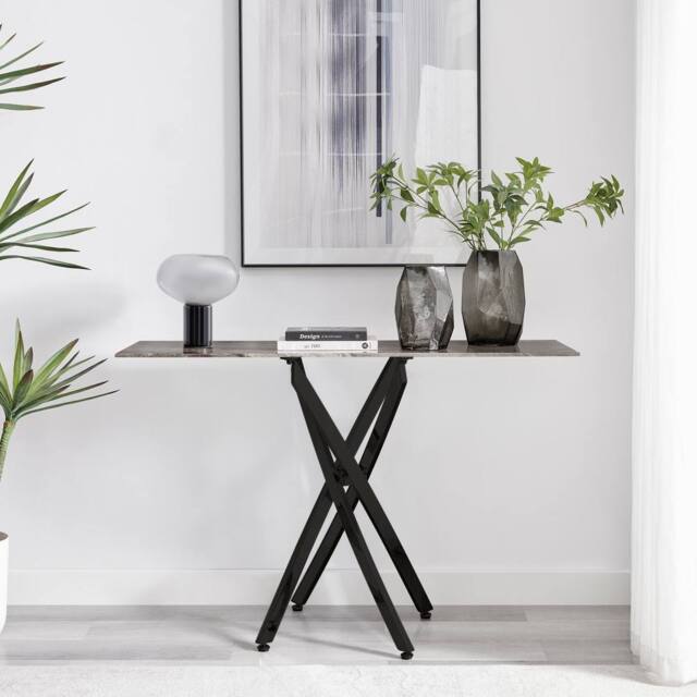 FurnitureboxUK Leonardo Rectangular Marble Effect Glass Top Console Table With Black Metal Starburst Legs in Grey - image 1