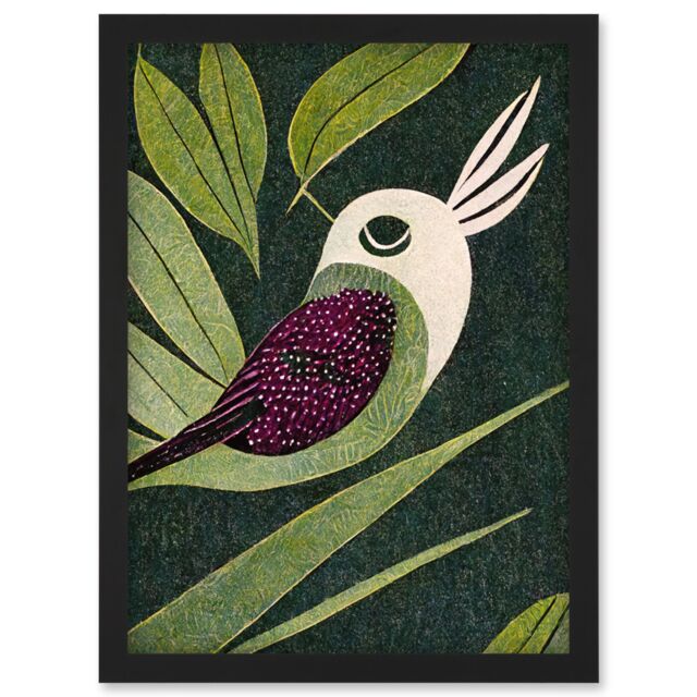 Artery8 Vintage Linocut Illustration Small Bird With Plant Leaves Artwork Framed Wall Art Print A4 in Black - image 1