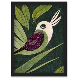 Artery8 Vintage Linocut Illustration Small Bird With Plant Leaves Artwork Framed Wall Art Print A4 in Black - thumbnail 1