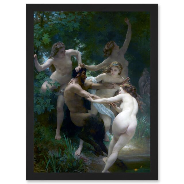 Artery8 William Adolphe Bouguereau Nymphs Satyr Painting Artwork Framed Wall Art Print A4 in Black - image 1