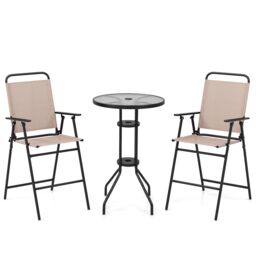 Costway 3 PCS Outdoor Folding Bistro Set Patio 2 Folding Chairs & Round Bar Table W/ 4 cm Umbrella Hole in Beige - thumbnail 2