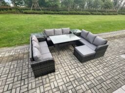 Fimous Patio Rattan Garden Furniture Set with Oblong Rectangular Dining Table Big Footstool 2 Side Tables 10 Seater Outdoor Lounge Sofa Set - thumbnail 2