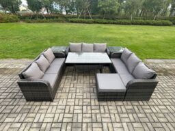 Fimous Patio Rattan Garden Furniture Set with Oblong Rectangular Dining Table Big Footstool 2 Side Tables 10 Seater Outdoor Lounge Sofa Set - thumbnail 1