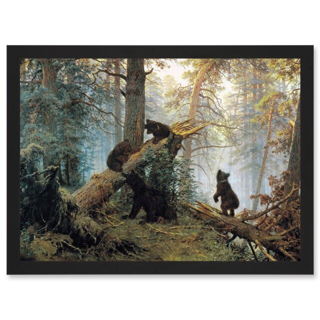 Artery8 Ivan Shishkin Morning In Pine Forest Shishkin Ivan Bears Artwork Framed Wall Art Print A4 in Black - image 1