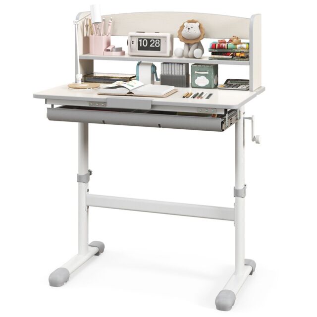 Costway Study Desk Height Adjustable Writing Table w/ Tilt Desktop in Grey - image 1