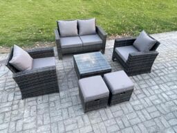 Fimous 6 Seater Outdoor Garden Furniture High Back Rattan Sofa Set with Square Coffee Table 2 Small Footstools Dark Grey Mixed - thumbnail 2