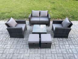 Fimous 6 Seater Outdoor Garden Furniture High Back Rattan Sofa Set with Square Coffee Table 2 Small Footstools Dark Grey Mixed - thumbnail 1