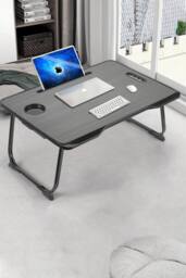 Living and Home Foldable Laptop Bed Desk Table with Storage Drawer Tablet Slot Cup Holder in Black - thumbnail 2