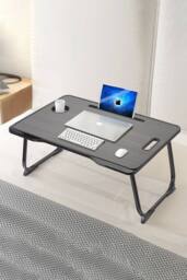 Living and Home Foldable Laptop Bed Desk Table with Storage Drawer Tablet Slot Cup Holder in Black - thumbnail 1