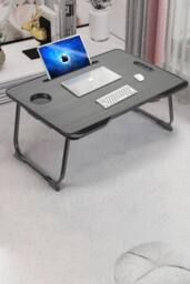 Living and Home Foldable Laptop Bed Desk Table with Storage Drawer Tablet Slot Cup Holder in Black - thumbnail 3
