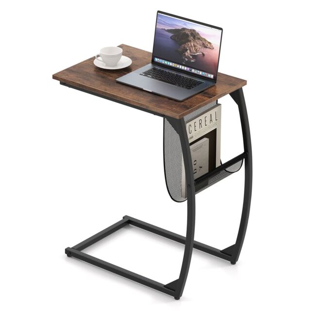 Gymax C-Shaped Side Table Metal End Table Bedside Table With Mesh Storage Bag in Brown - image 1