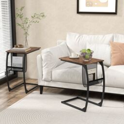 Gymax C-Shaped Side Table Metal End Table Bedside Table With Mesh Storage Bag in Brown - thumbnail 3