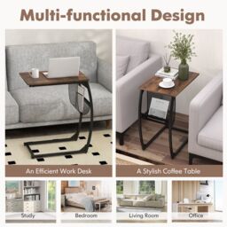 Gymax C-Shaped Side Table Metal End Table Bedside Table With Mesh Storage Bag in Brown - thumbnail 6