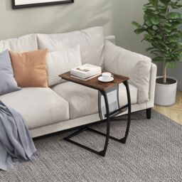 Gymax C-Shaped Side Table Metal End Table Bedside Table With Mesh Storage Bag in Brown - thumbnail 4
