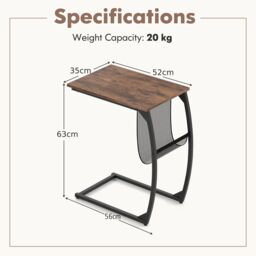 Gymax C-Shaped Side Table Metal End Table Bedside Table With Mesh Storage Bag in Brown - thumbnail 2