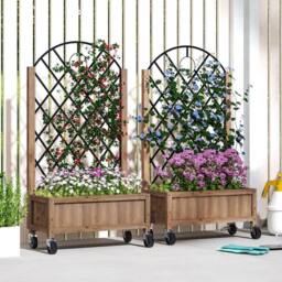 VOGREX Pack of 2 Wooden Raised Bed, Outdoor Planter Box w/ Metal Trellis in Brown - thumbnail 3