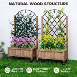 VOGREX Pack of 2 Wooden Raised Bed, Outdoor Planter Box w/ Metal Trellis in Brown - thumbnail 5