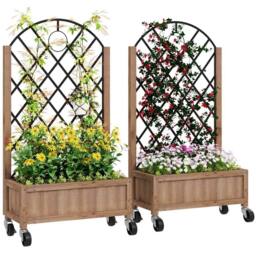 VOGREX Pack of 2 Wooden Raised Bed, Outdoor Planter Box w/ Metal Trellis in Brown - thumbnail 1