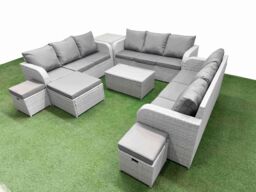 Fimous PE Rattan Lounge Sofa Set 12 Seater Outdoor Garden Furniture Set with Rectangular Coffee Table 3 Seater Sofa 3 Stools Side Table Light Grey - thumbnail 2