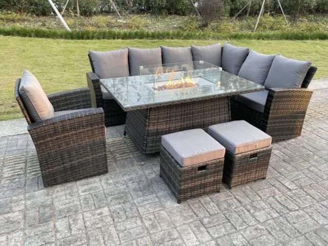 Fimous High Back Rattan Sets Gas Fire Pit Dining Table Heater Set Sofa 9 Seater in Dark Grey - image 1