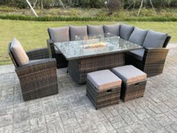 Fimous High Back Rattan Sets Gas Fire Pit Dining Table Heater Set Sofa 9 Seater in Dark Grey - thumbnail 1