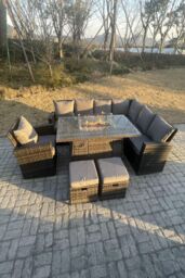 Fimous High Back Rattan Sets Gas Fire Pit Dining Table Heater Set Sofa 9 Seater in Dark Grey - thumbnail 5