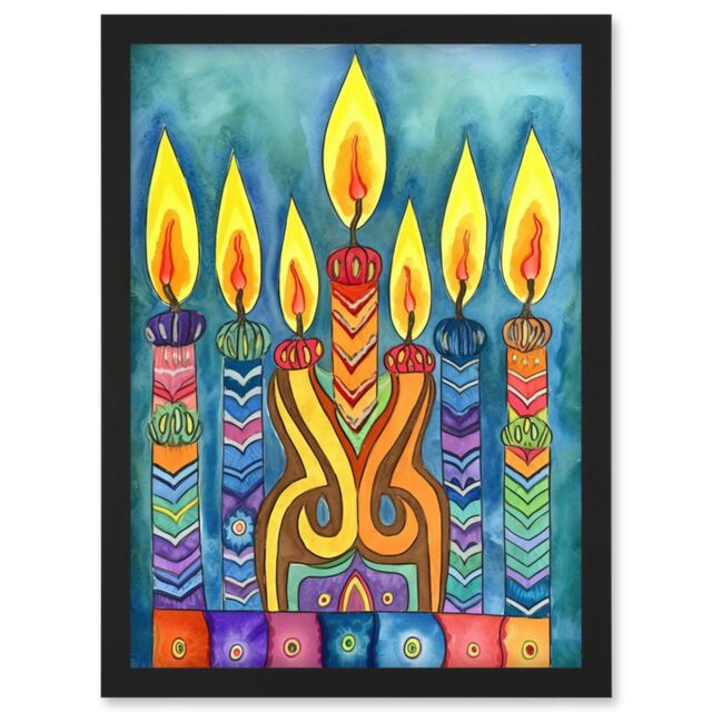 Artery8 Jewish Menorah Candle Patterns Folk Art Watercolour Painting Artwork Framed Wall Art Print A4 in Black - image 1