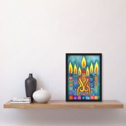Artery8 Jewish Menorah Candle Patterns Folk Art Watercolour Painting Artwork Framed Wall Art Print A4 in Black - thumbnail 2