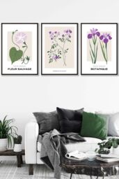 ARTZE Set of 3 Black Framed Vintage Graphical Flower Market Purple Lilac Wall Art - Size: W33 cm x H45 cm x D20mm