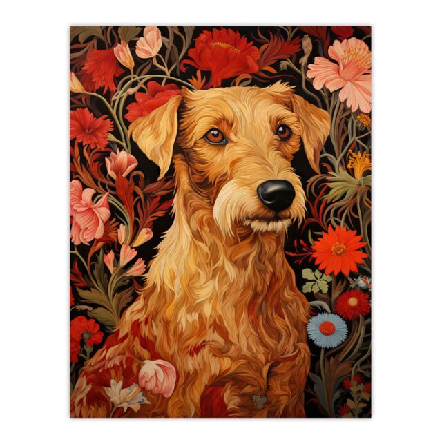 Artery8 Bright & Bold Flowers Golden Terrier Dog On Elegant Floral Backdrop William Morris Style Pattern Artwork Extra Large XL Unframed Wall Art - image 1