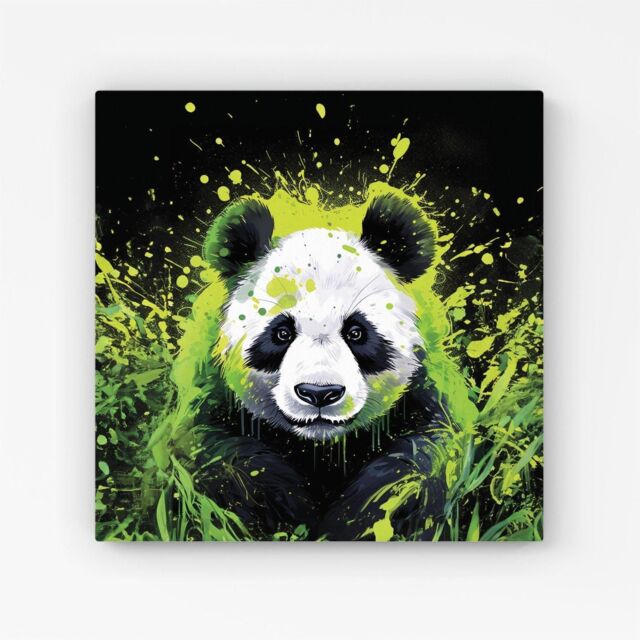 "Warren Reed - Designer Green Splashart Panda Face Canvas - Size: W16"" x H16""" - image 1