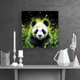 "Warren Reed - Designer Green Splashart Panda Face Canvas - Size: W16"" x H16""" - thumbnail 2