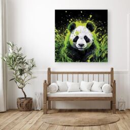 "Warren Reed - Designer Green Splashart Panda Face Canvas - Size: W16"" x H16""" - thumbnail 3