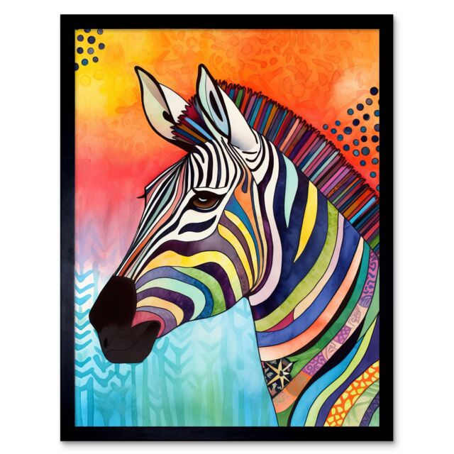 "Artery8 Wall Art Print Zebra Folk Art Bright Multicoloured Art Framed in Black - Size: W12"" x H16""" - image 1